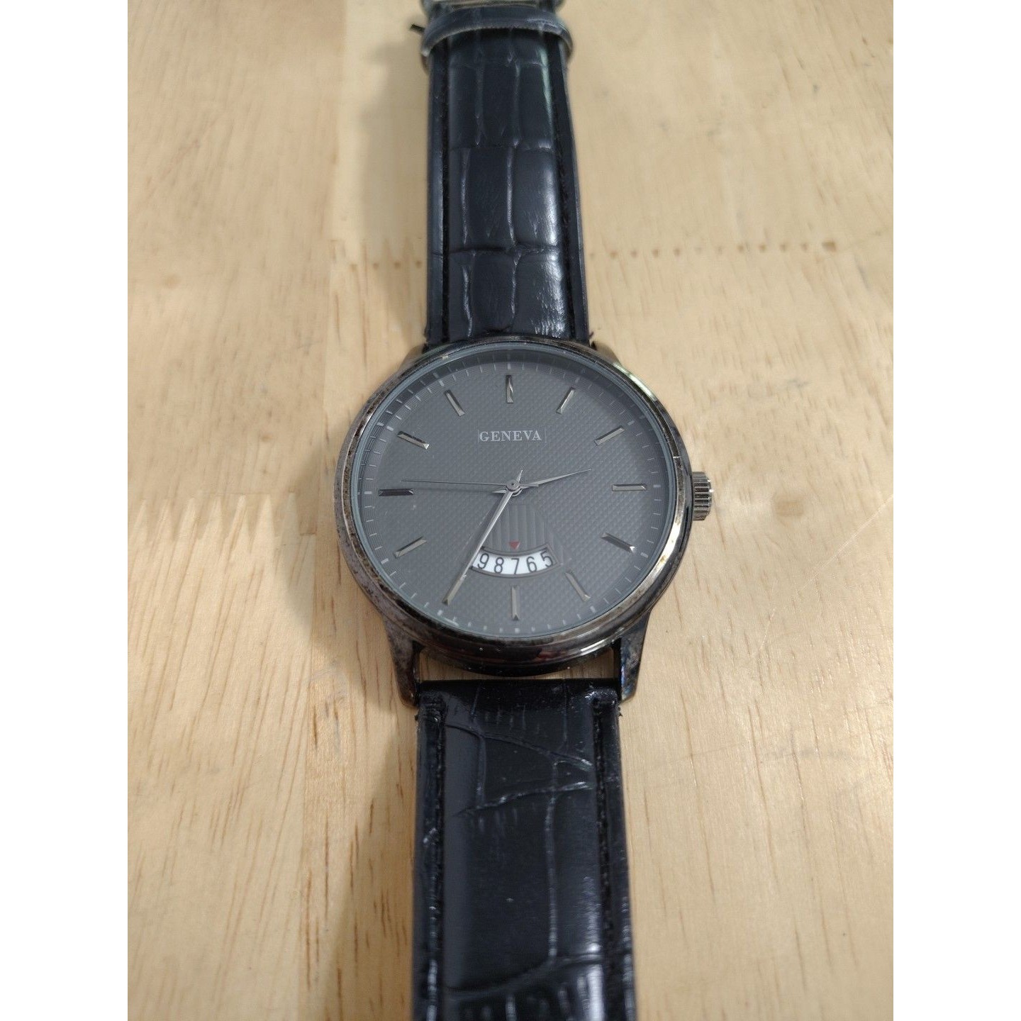 Geneva Watch Mens 40mm Silver Dial Date Black BandBrown Bezel Buckle Closure